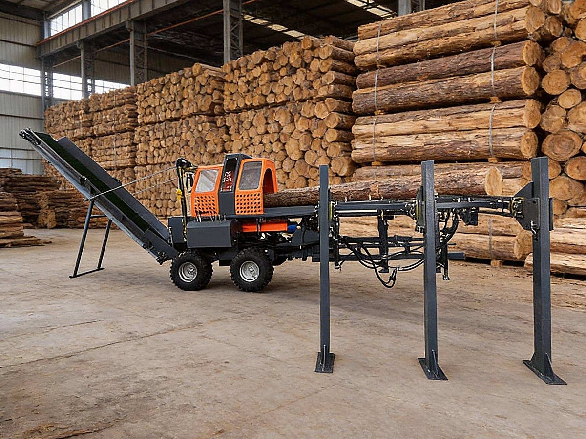 Firewood processor with log table inside a warehouse stacked with saw logs