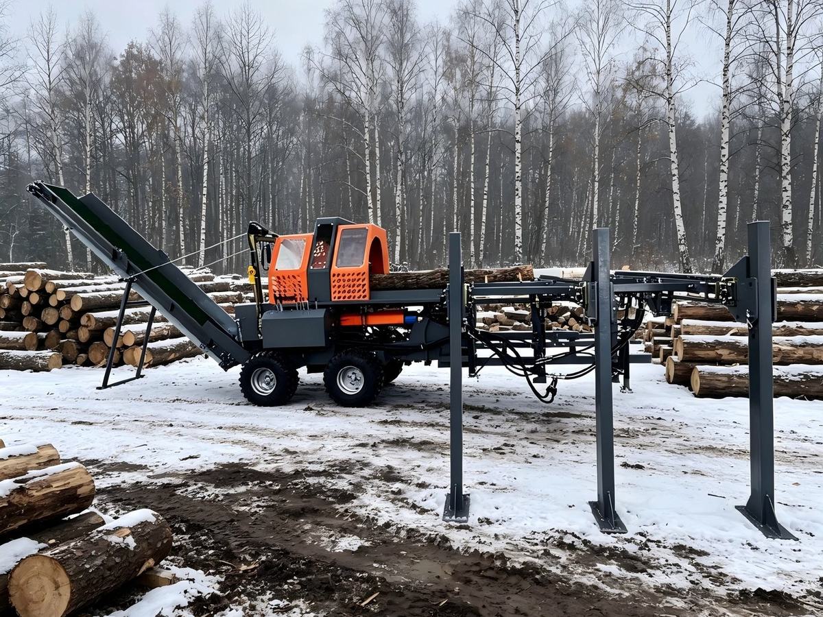 JERRY log splitter working through a log pile in a winter yard